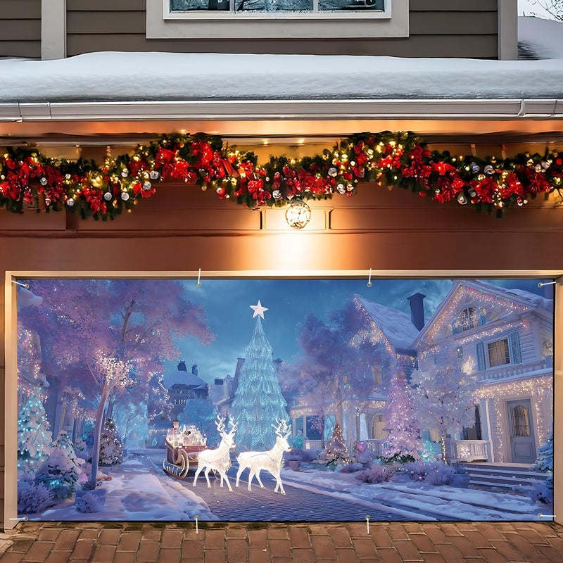 ANNA QUEEN Christmas Sleigh Ride Under the Stars Garage Door Banner 6 x 13FT, Winter Scene with Santa and Reindeer, Outdoor Garage Decoration for Parties Home Decor - Image 1